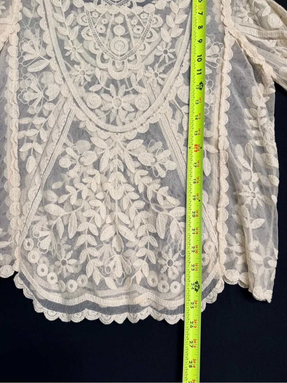 Cream Floral Lace Peasant Blouse long bell sleeve festival Hippie Woodstock - Picture 10 of 12